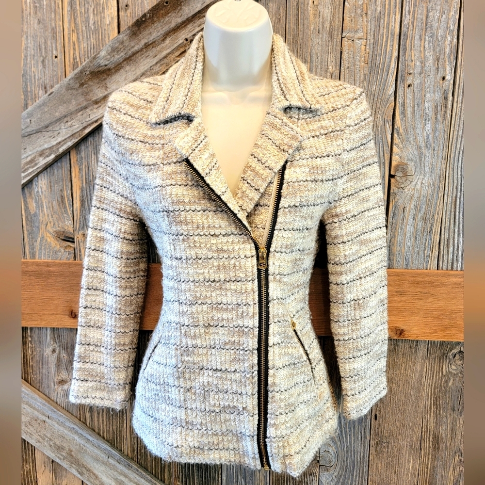 Lucky Brand Marled Knit Tweed Moto Asymmetrical Zip Up Blazer Jacket Small S ^^